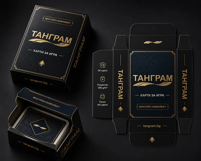 Мострен комплект карти за игра „Танграм“ — кутия с тесте и разгъвка на кутията