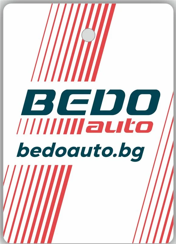 Ароматизатор за BEDO auto 64×90 мм — лого и сайт с червени линии