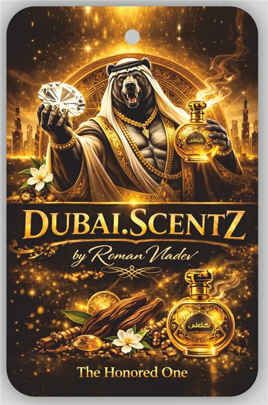 Ароматизатор Dubai Scentz 66×102 мм — пълноцветна илюстрация в златно