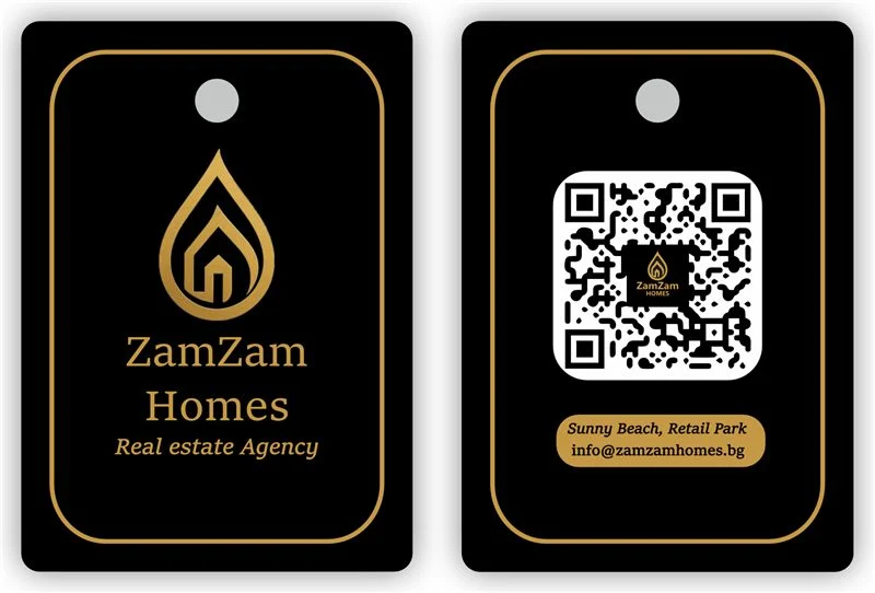 Ароматизатор за агенция за имоти ZamZam Homes 64×90 мм — лого отпред, QR код отзад