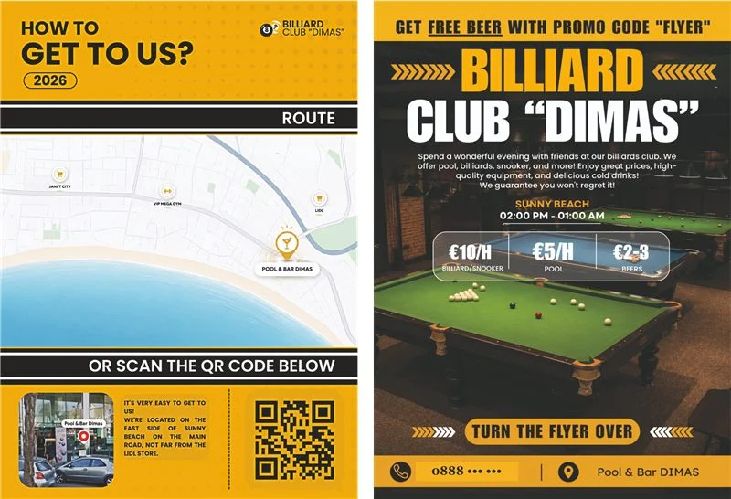 Двустранен флаер Billiard Club „Dimas“, Слънчев бряг — карта до клуба и цени, в жълто и черно