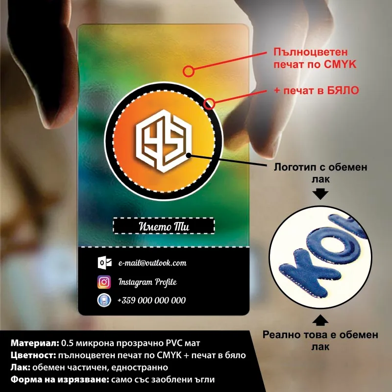 Полупрозрачни визитни картички с релефен лак